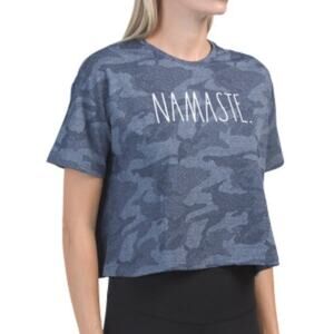 RAE DUNN Namaste Print Tee Camo Mesh Blue-Gray Short Sleeve Crew Neck T-Shirt, L